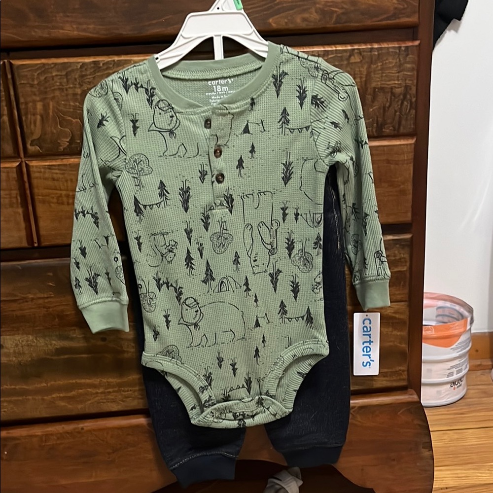 Carter's Forest Green Animal Print Bodysuit with Black Pants